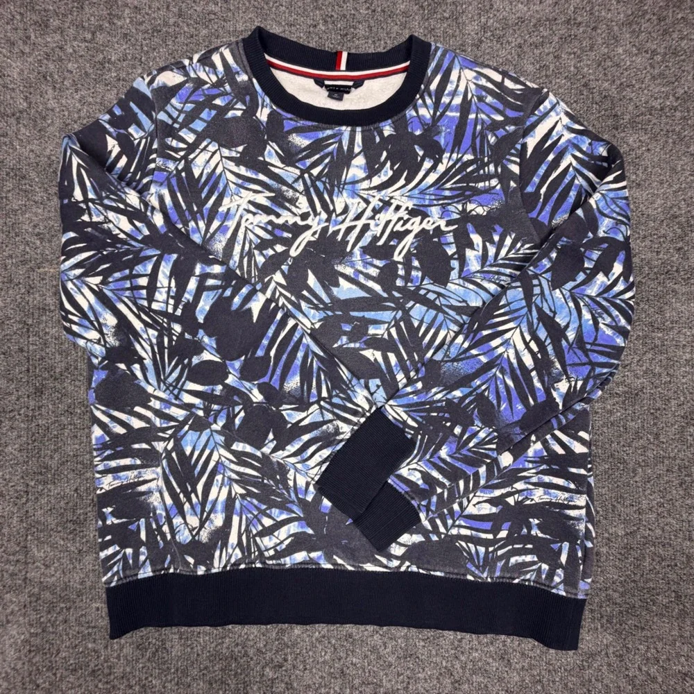 Tommy Hilfiger Mens Tropical Palm Leaf Crewneck Sweatshirt Blue White Script M
